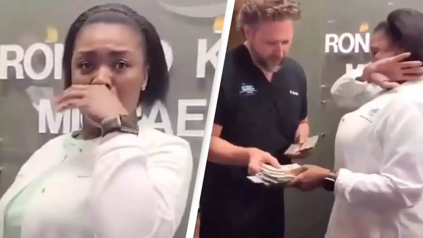 Woman in tears after thinking someone was getting fired but was surprised with $20,000 for work milestone
