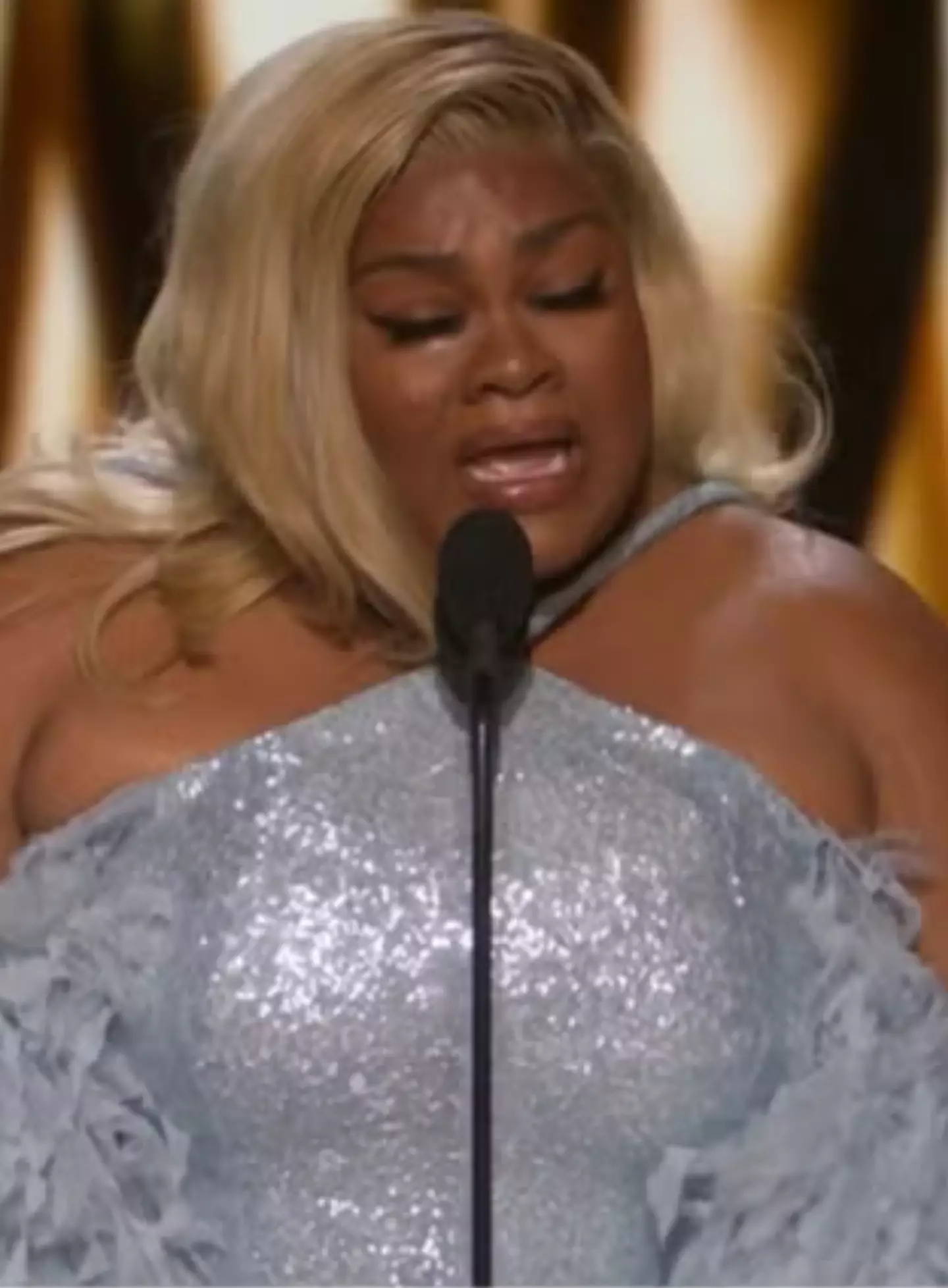 The actor tried to hold back tears while delivering her speech.