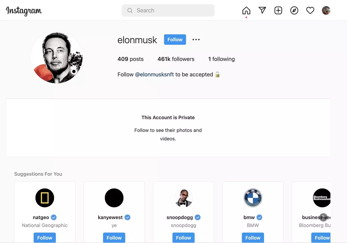 Elon Musk makes his Instagram private. (@elonmusk/Instagram) 