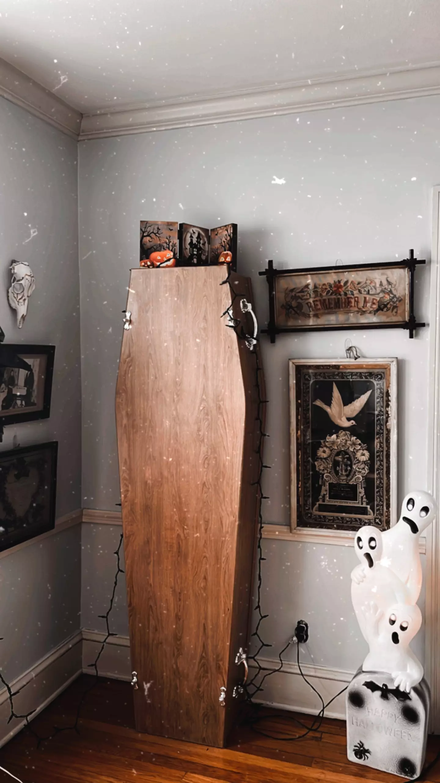 Coffins, ouija boards and human hair wreaths are some of the decor in Beckie-Ann's home.