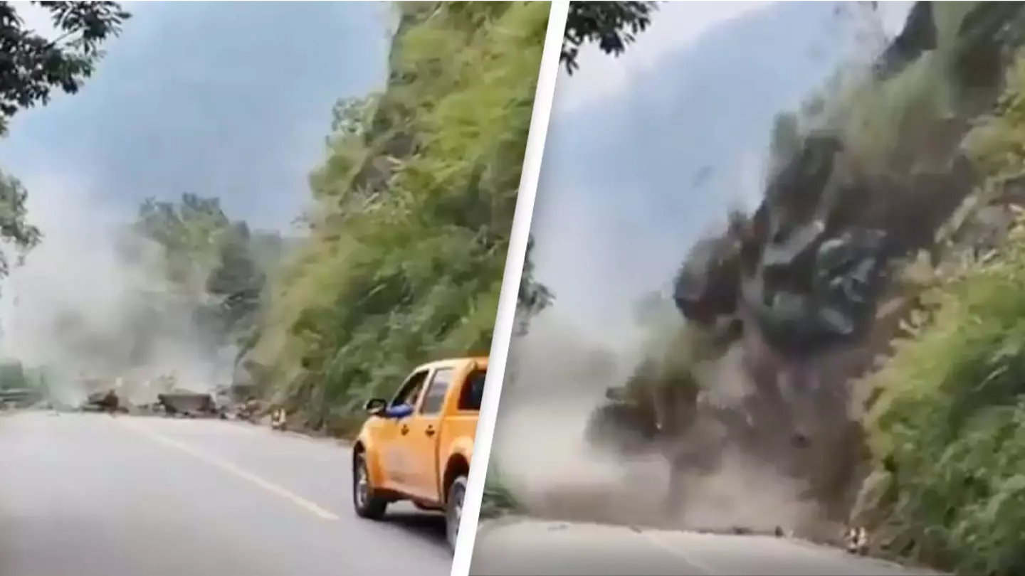 Man captures terrifying moment cliff collapses and landslide begins as people forced to flee