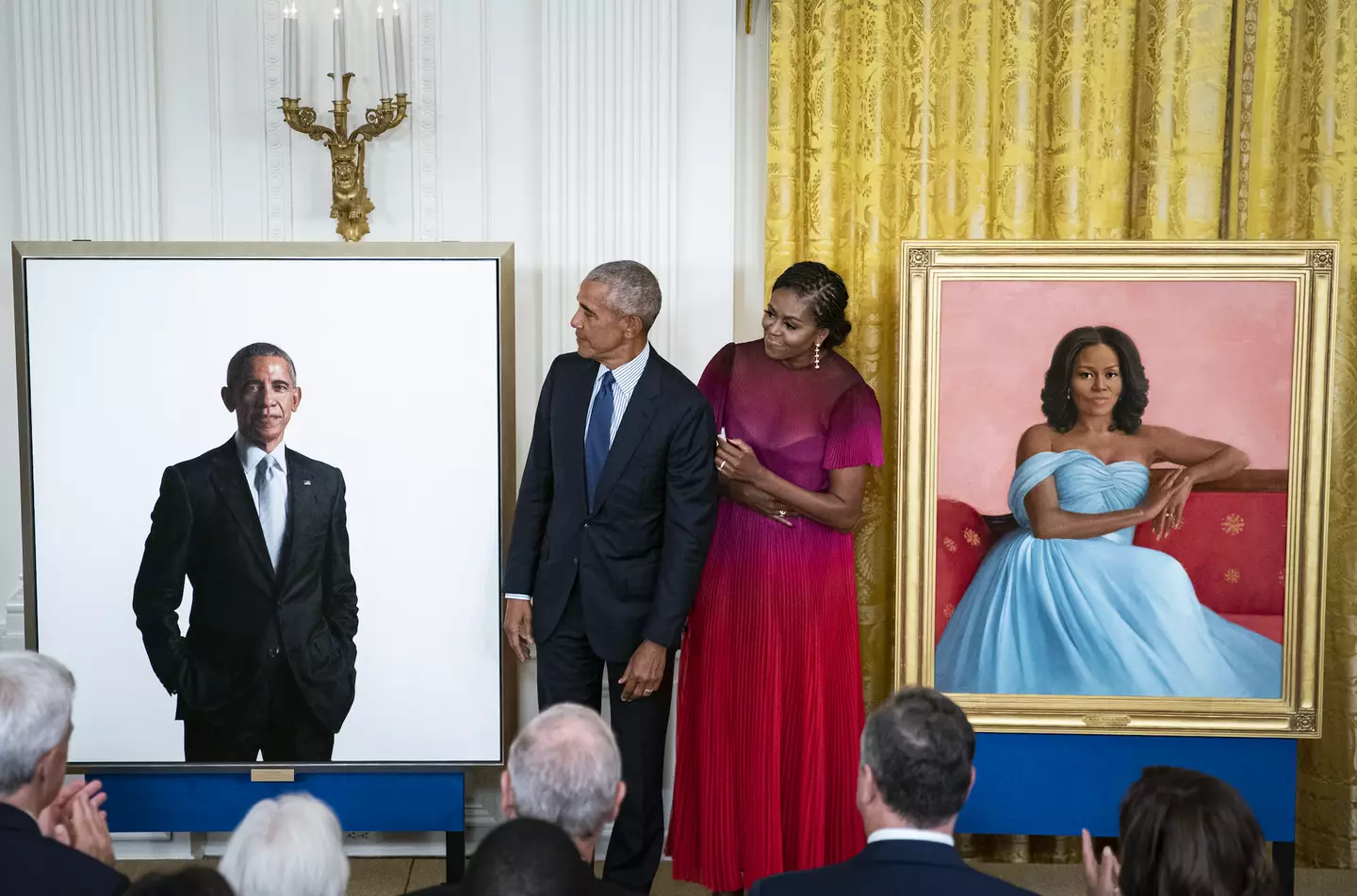 The Obama's portrait was unveiled in 2022 and hung by the grand staircase (Al Drago/Bloomberg via Getty Images)