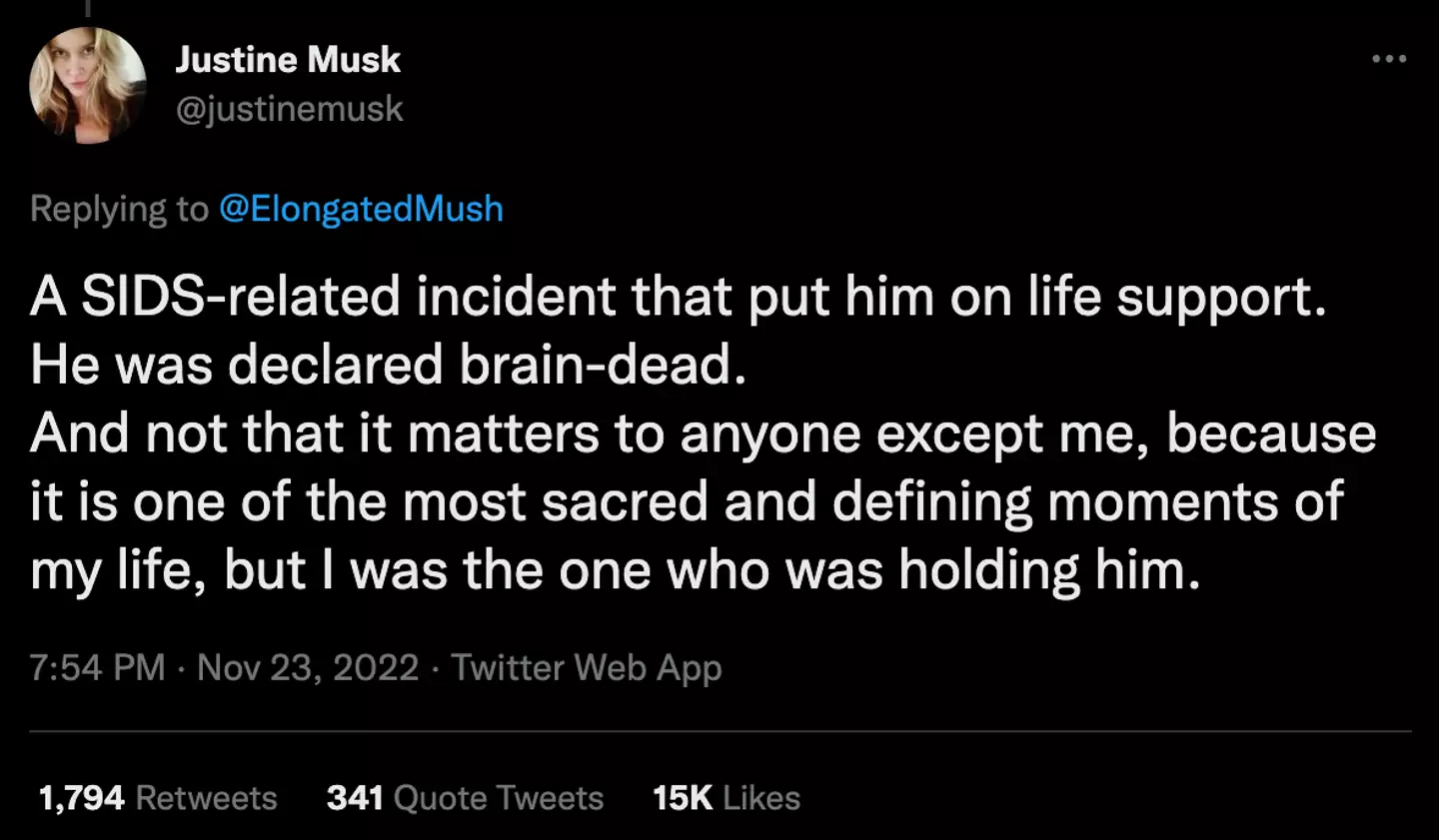 Justine Musk has contradicted Elon's claims his firstborn child 'died in [his] arms'.