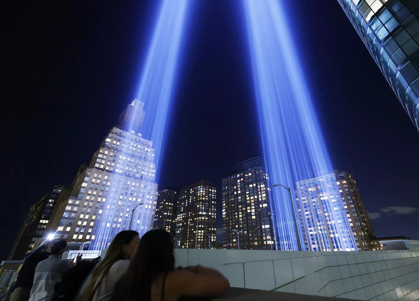 The Twin Towers Tribute In Light art installation shines in Lower Manhattan near One World Trade Center.