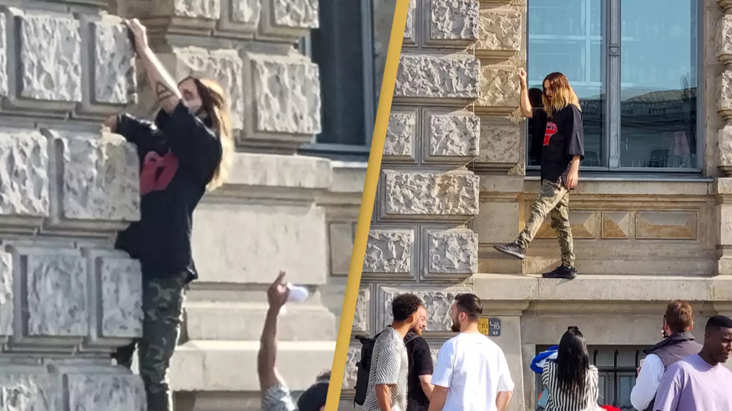Jared Leto spotted climbing the walls of his hotel in Berlin without a harness