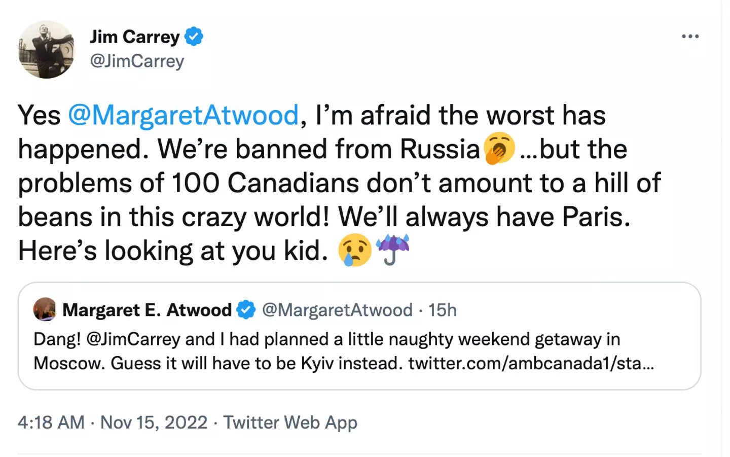 Carrey doesn't seem that bothered about being banned from Russia.