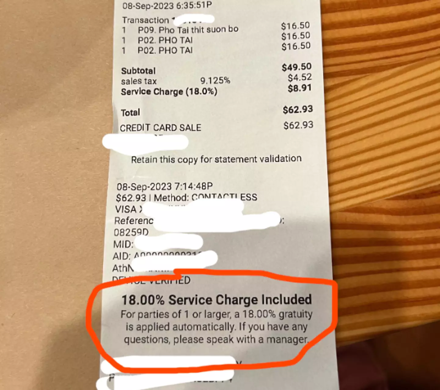 The bill has a 18 percent service charge for all customers.