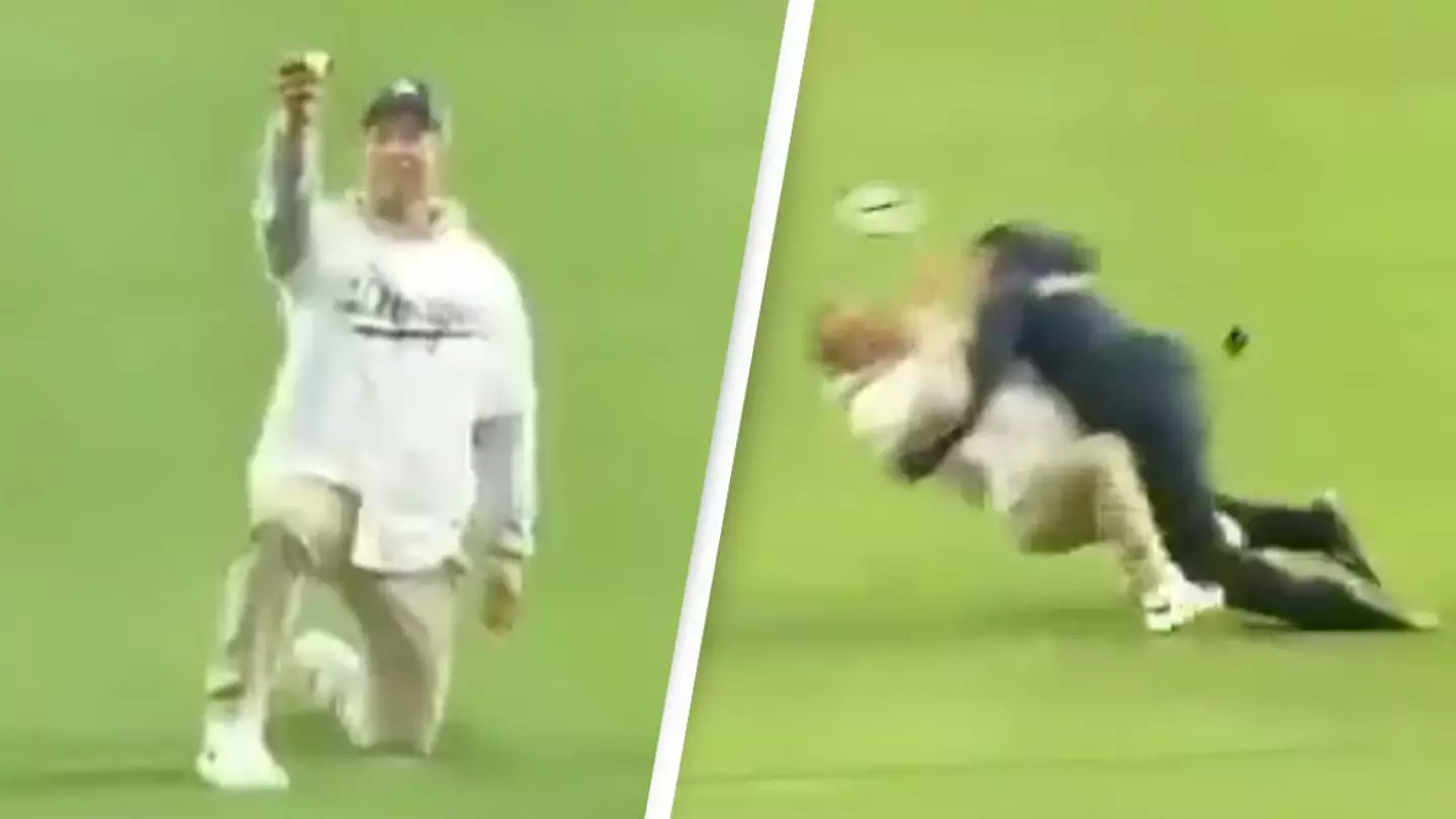 Fan's proposal at baseball game goes badly wrong as he gets tackled by security