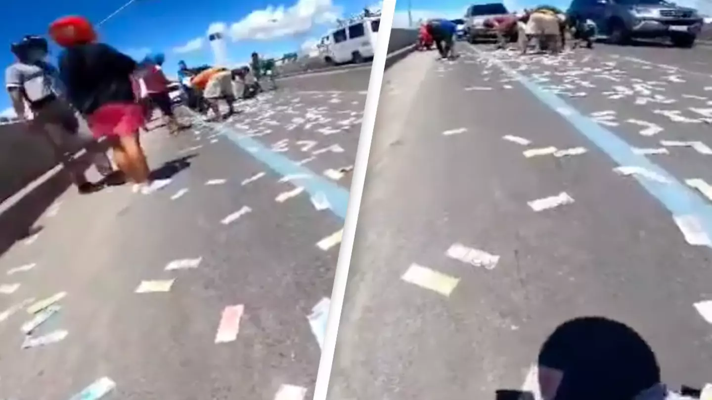 Over $50,000 flies out of motorcyclist's backpack as he drives down freeway unaware