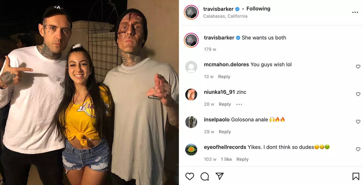 Travis Barker has been critcised for the caption on his post with Lena the Plug.