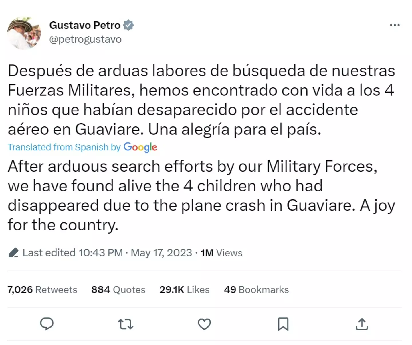 The Colombian president announced the safe discovery of four children after the plane crash.