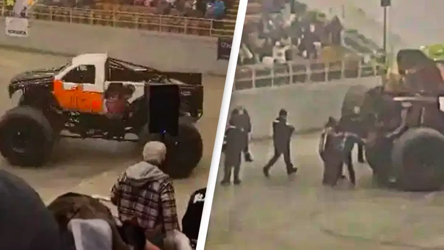 Crowd begins screaming and running away as man run over by monster truck at event