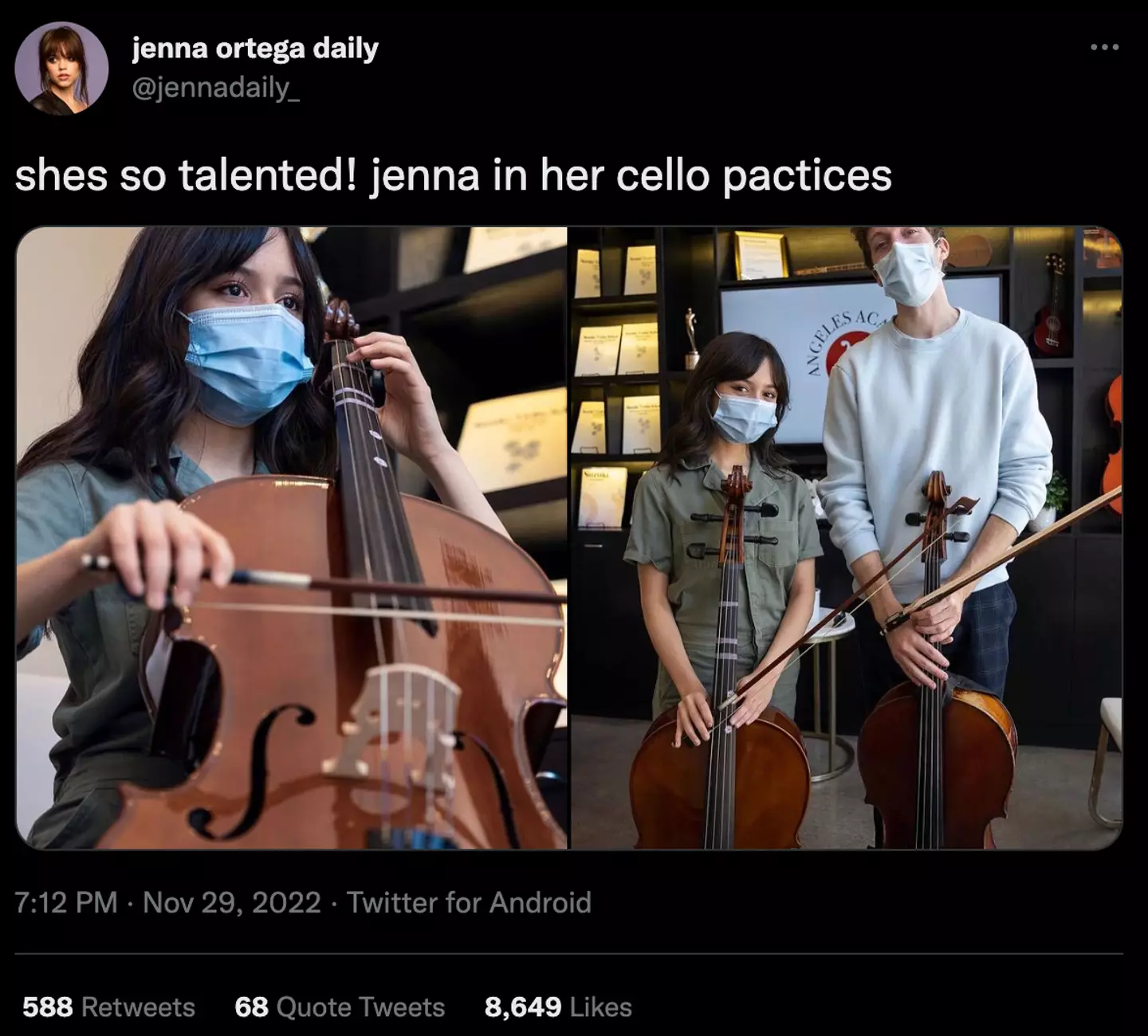 Ortega did start learning the cello two months before filming began.