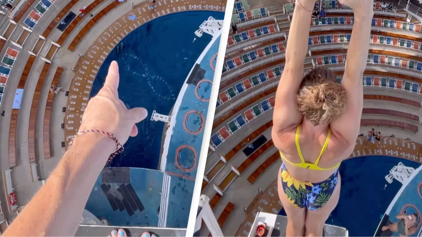 Diver shows what it’s like to dive 55ft on one of the world’s biggest cruise ships and it’s making people's stomachs turn