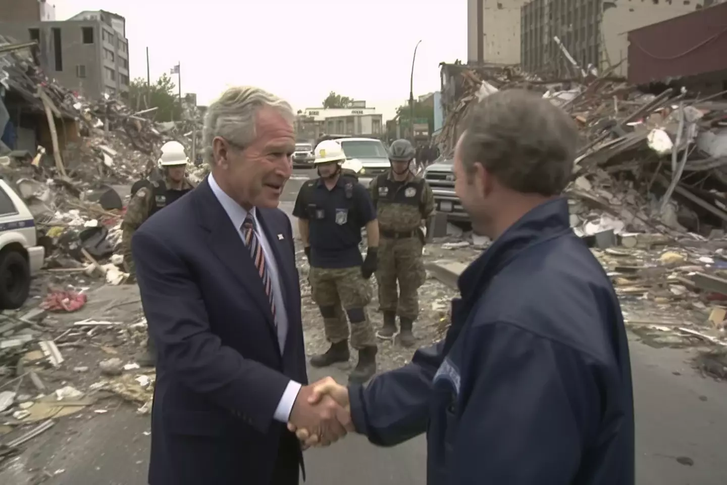 The photos included scenes of building rubble and even former-President Bush.