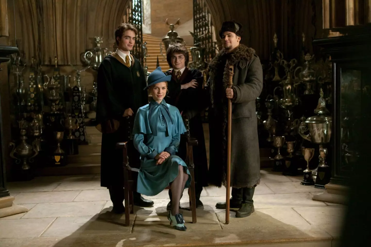 Robert Pattinson, Clemence Poesy, Daniel Radcliffe and Stanislav Yanevski on the set of Harry Potter (Murray Close/Getty Images)