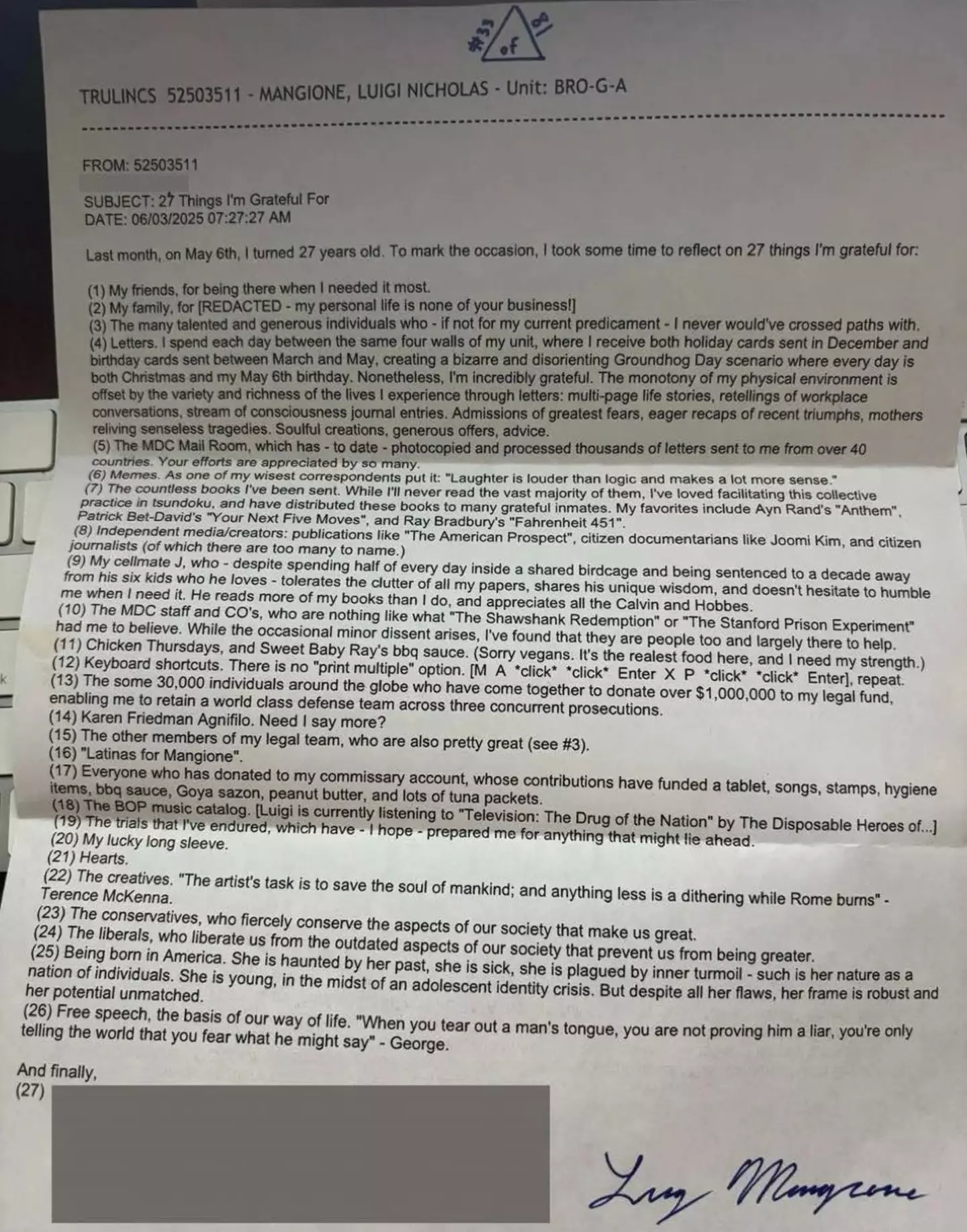 Luigi Mangione wrote a letter about 27 things he's thankful for (r/FreeLuigi)