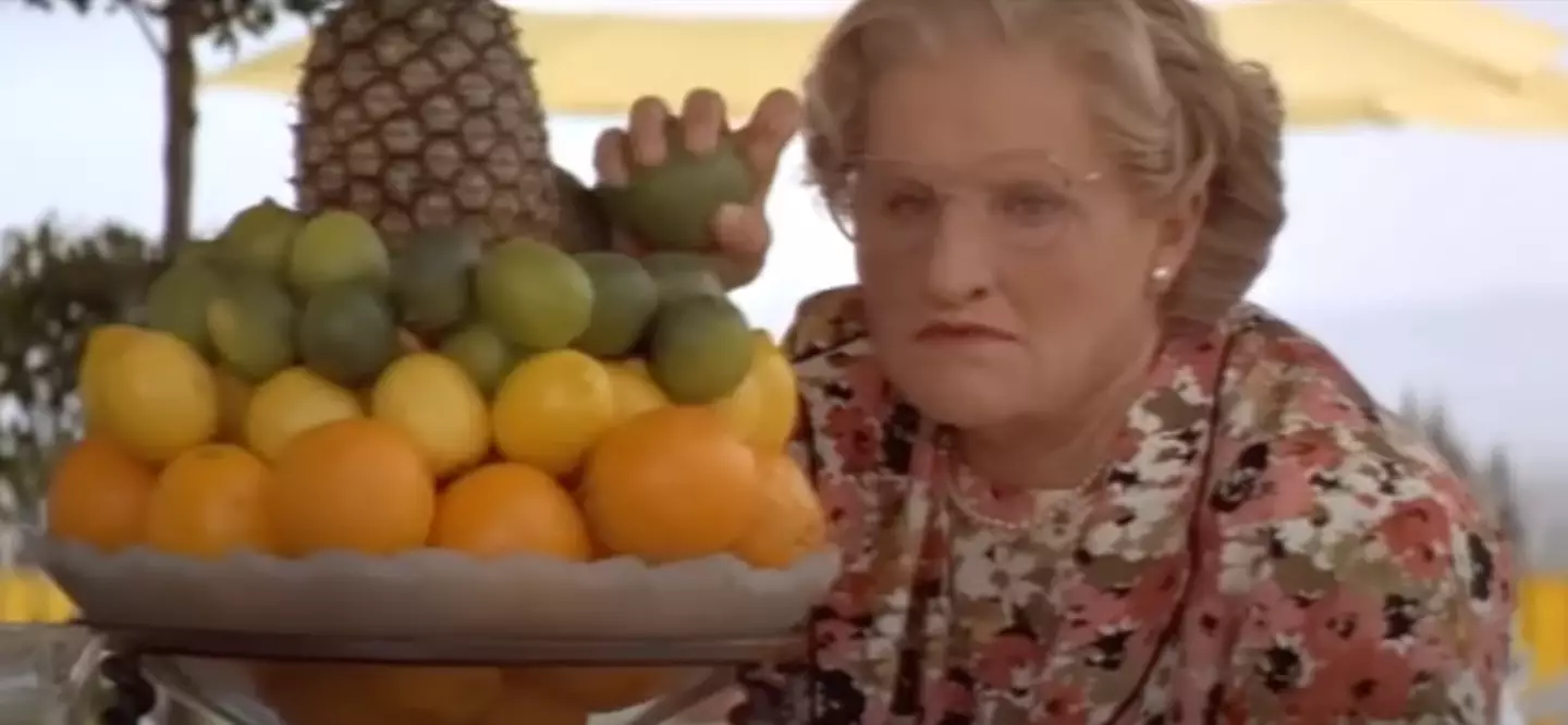 Mrs. Doubtfire throws a lime at Stu.