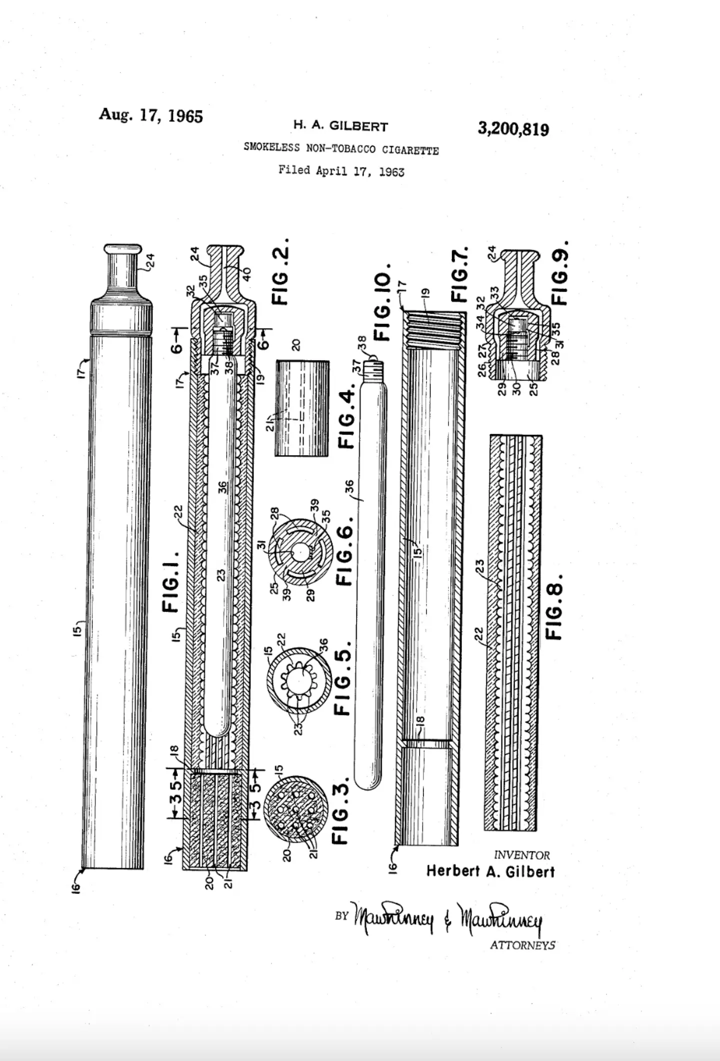 Herbert A. Gilbert received a patent and created prototypes which most closely resembles e-cigs of today.