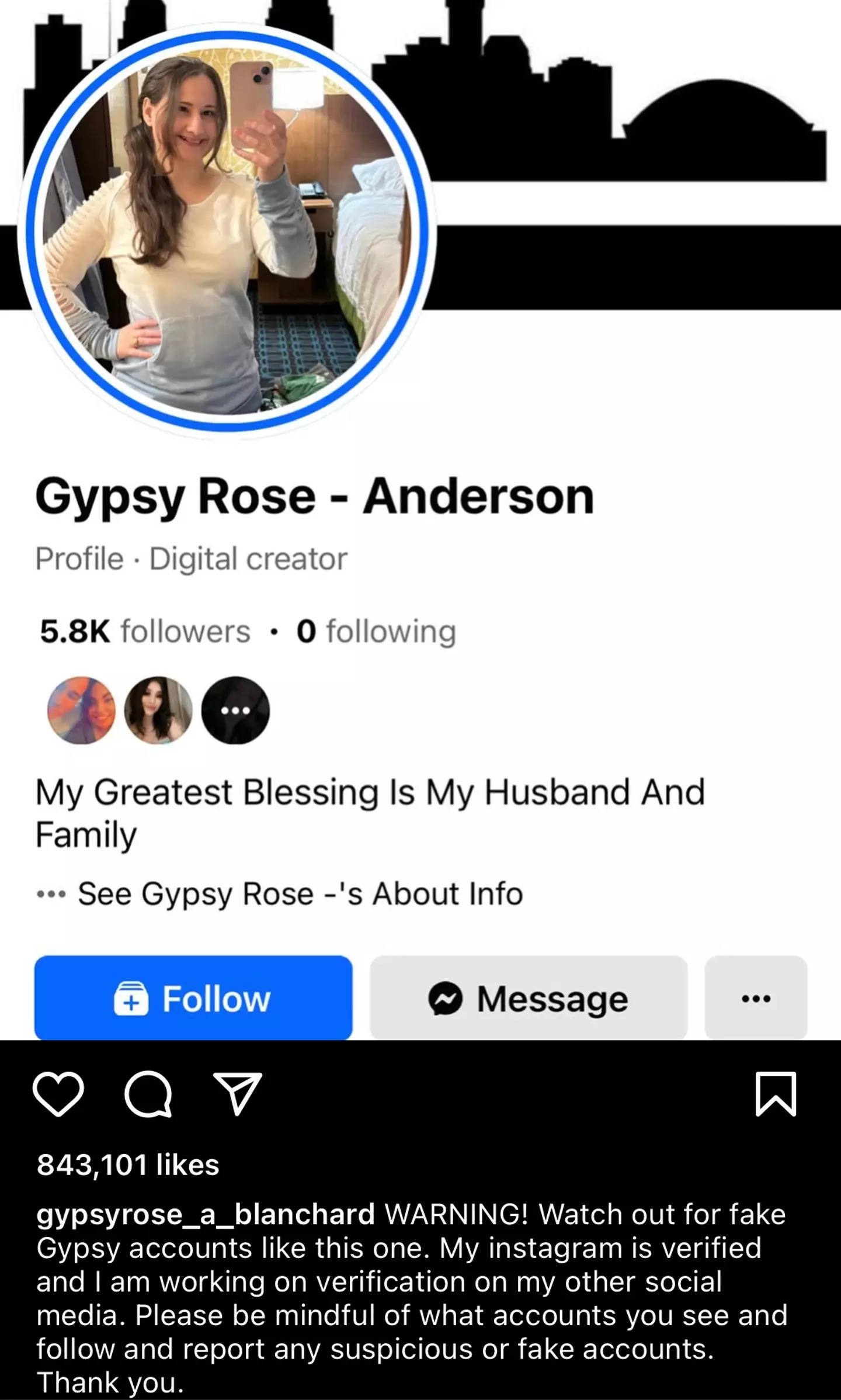 Gypsy Rose has warned her 3 million followers of profiles impersonating her online.