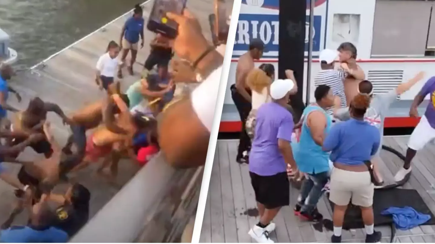 Huge brawl breaks out on dock with dozens of people joining in chaotic fight