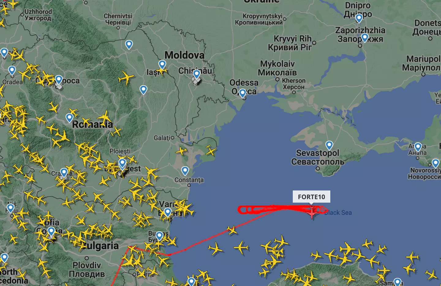 The Flightradar24 app shows the plane as hovering close to Ukraine.
