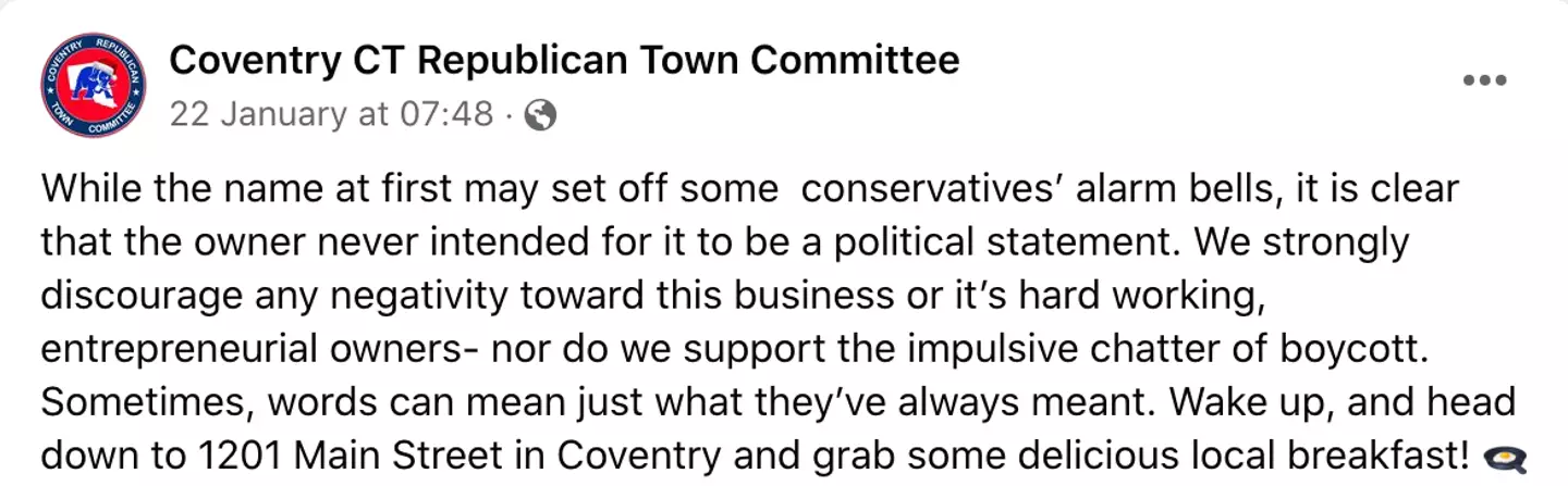 The Coventry Republican Town Committee has since released a statement of support.