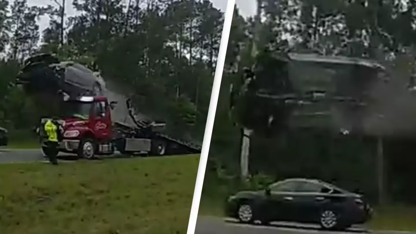 Woman flies 120ft through the air after hitting parked tow truck ramp in astonishing video