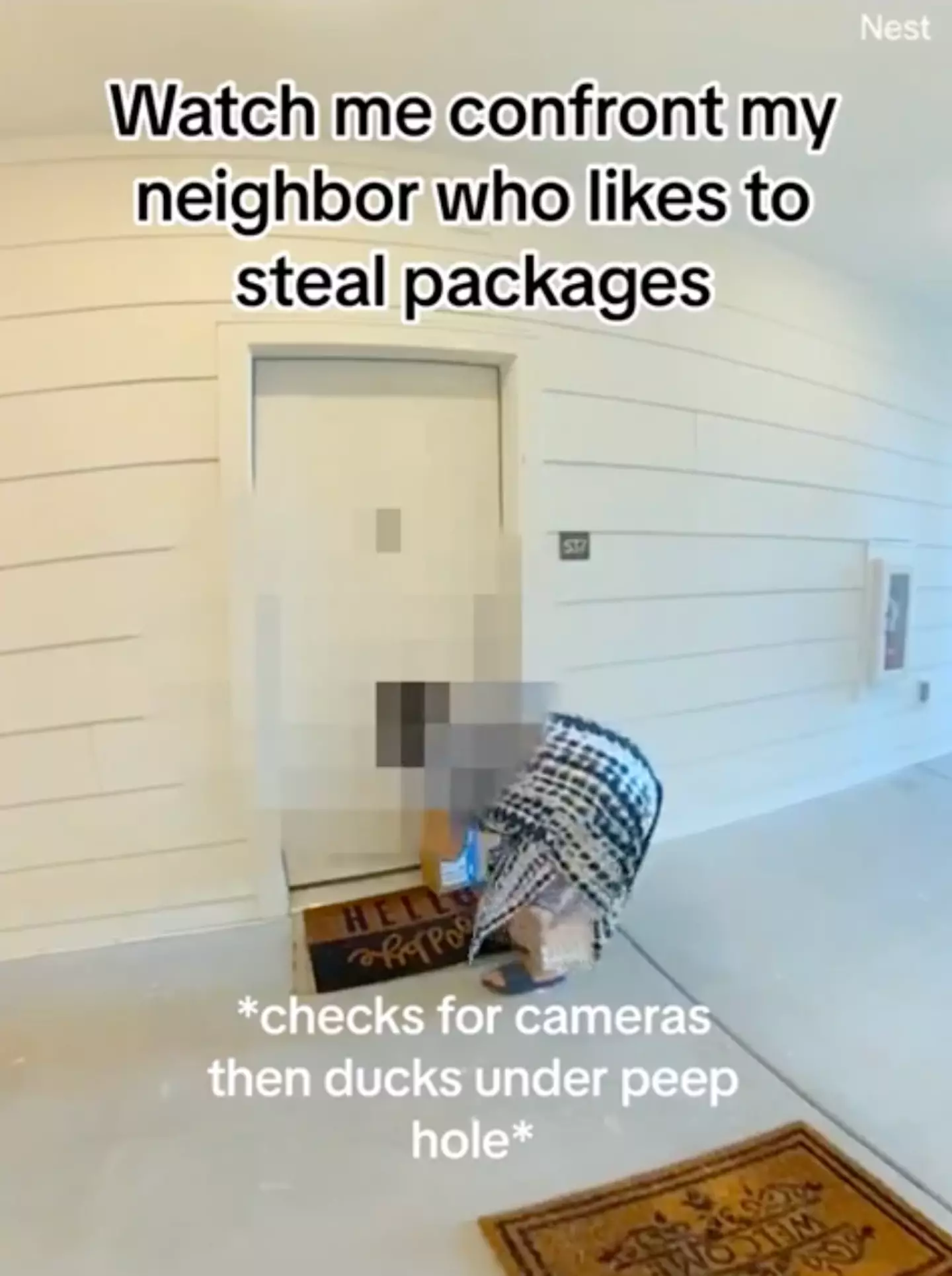 The woman approaches Kennady's door before walking away, to only return moments later, snatching the parcel and scarpering off.