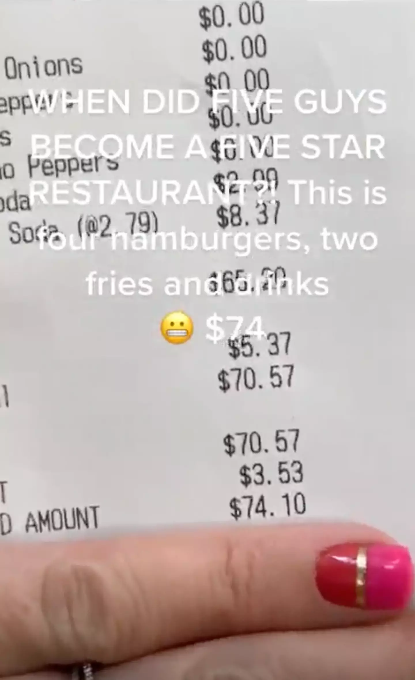 The TikToker revealed they spent a staggering $74 on a Five Guys meal.