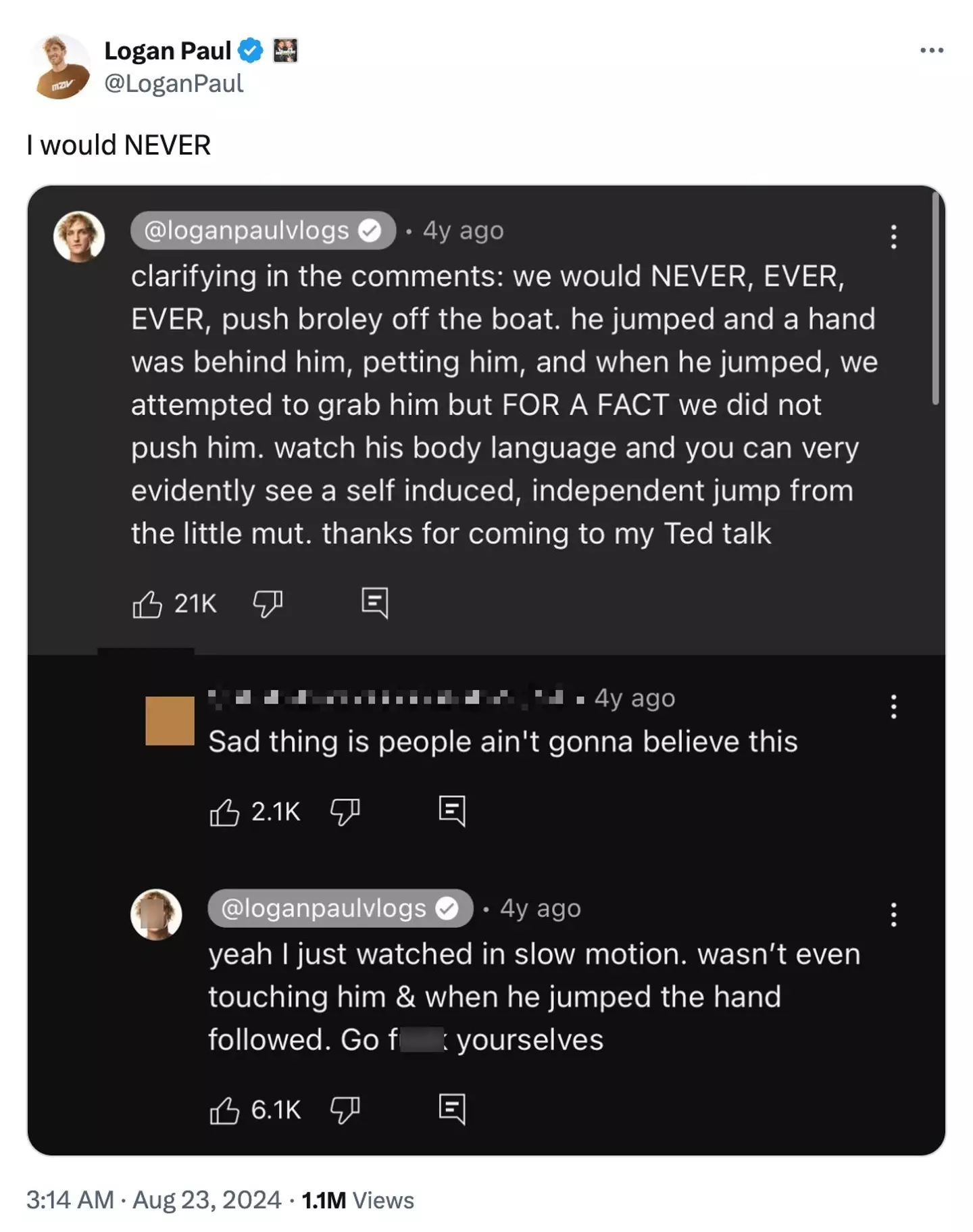 Logan Paul has doubled down on his previous comments. (@LoganPaul/Twitter)