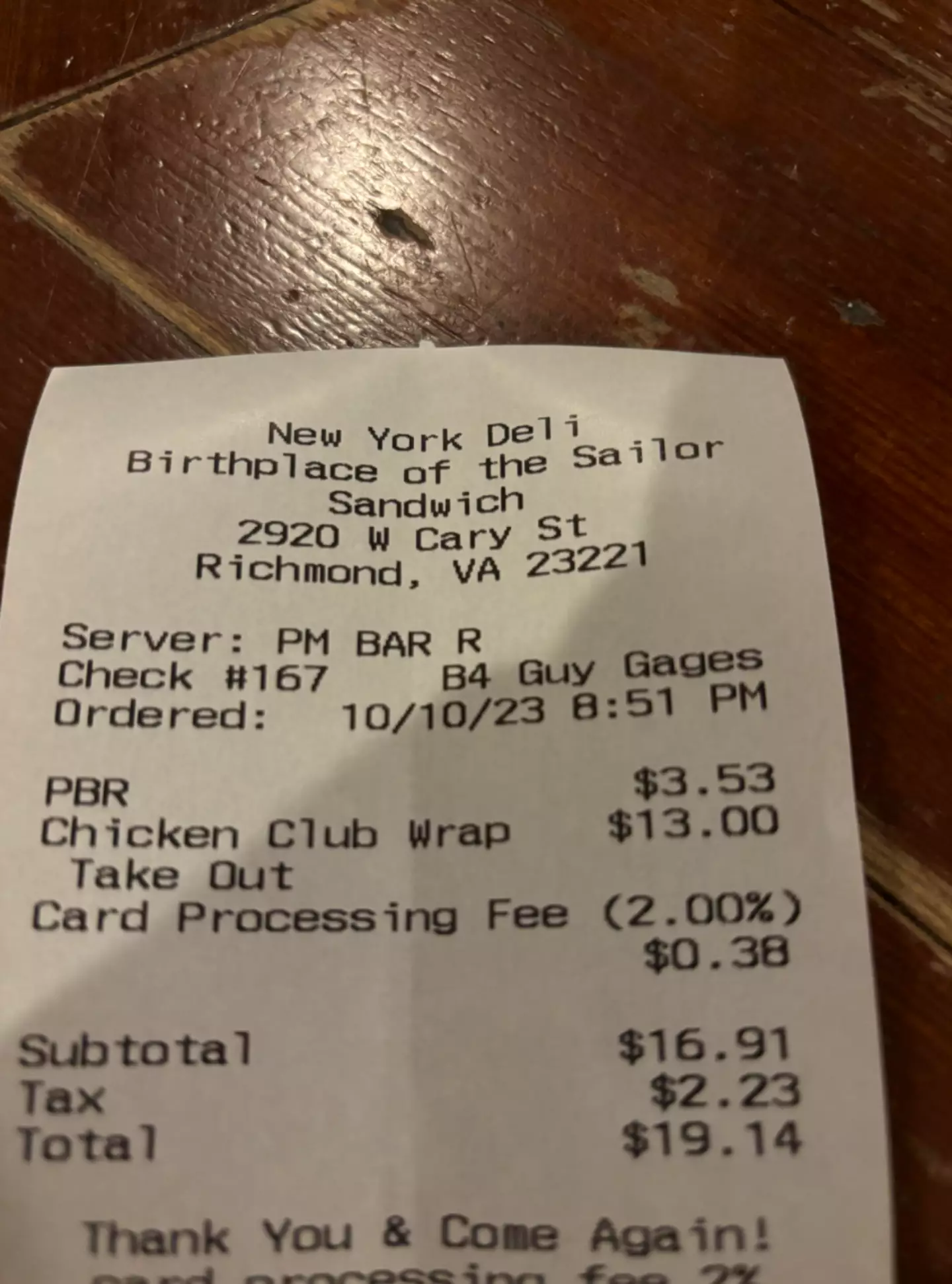 The receipt shows the extra charge being added on.