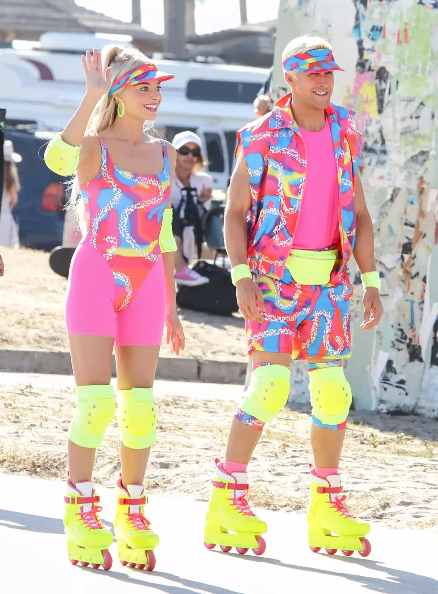 Margot Robbie and Ryan Gosling were papped filming Barbie in their matching outfits.