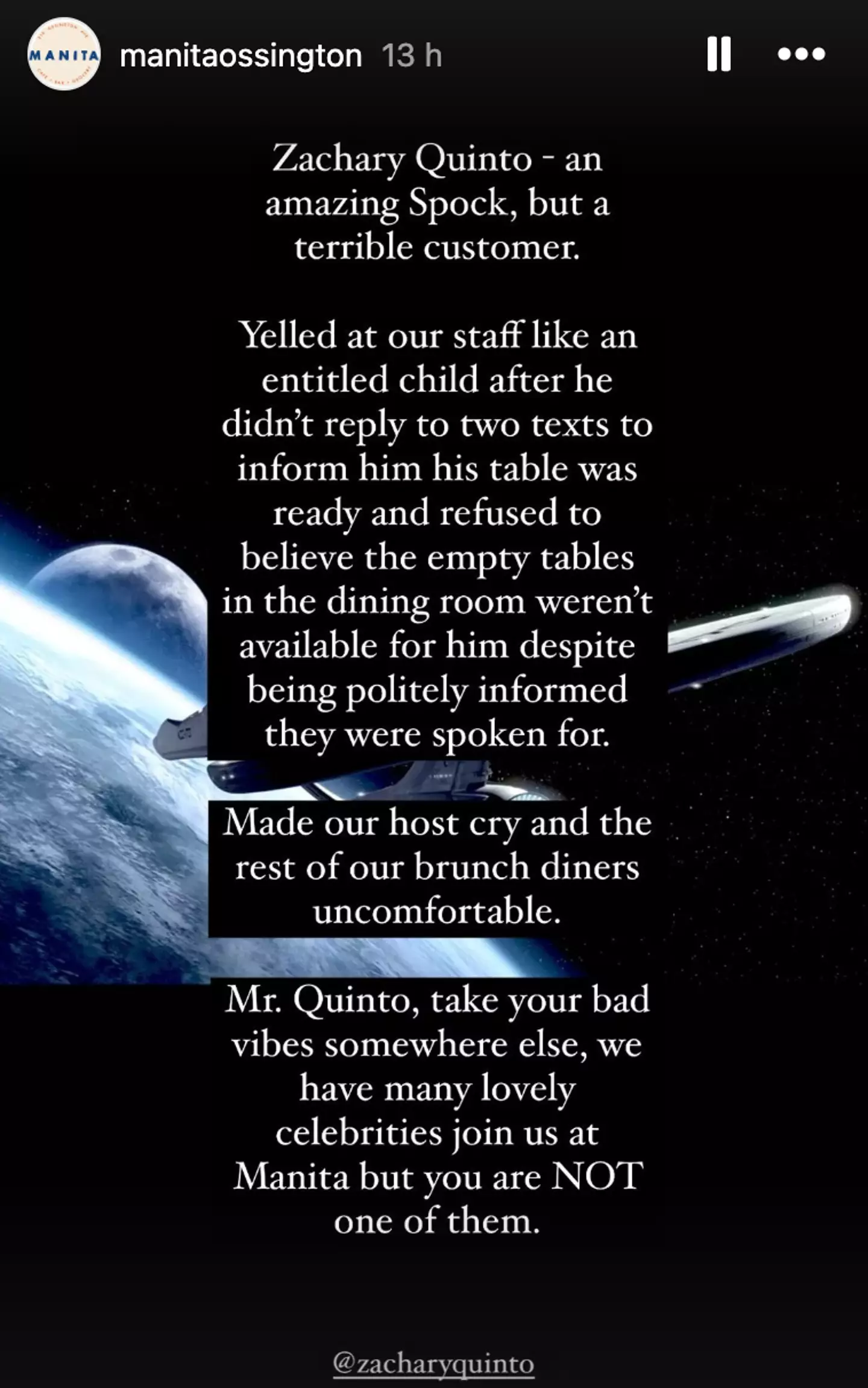 The restaurant tagged Quinto in its post. (Instagram/@manitaossington)