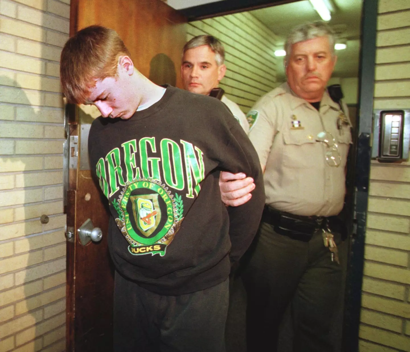 Kipland Kinkel seen being arrested in 1998. (THE REGISTER GUARD/AFP via Getty Images)