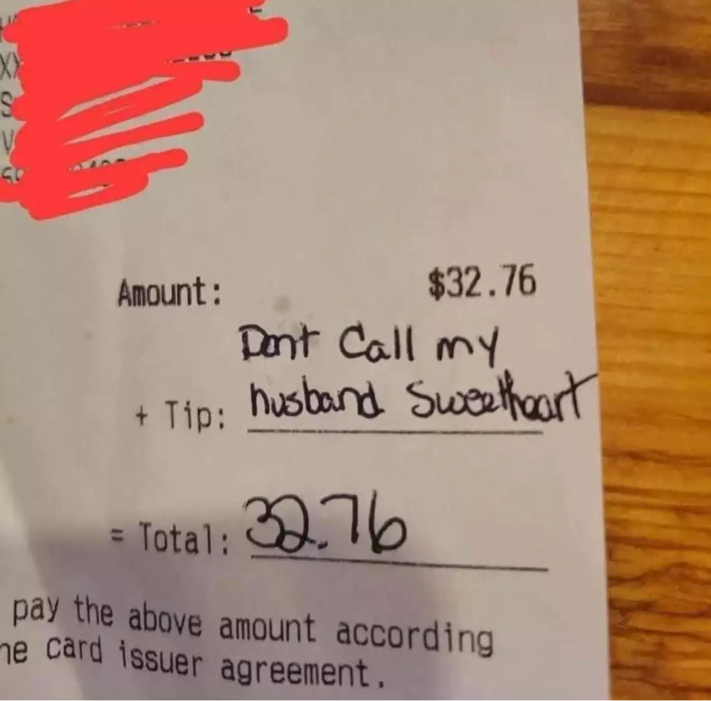 The wife left a savage message on the bill.