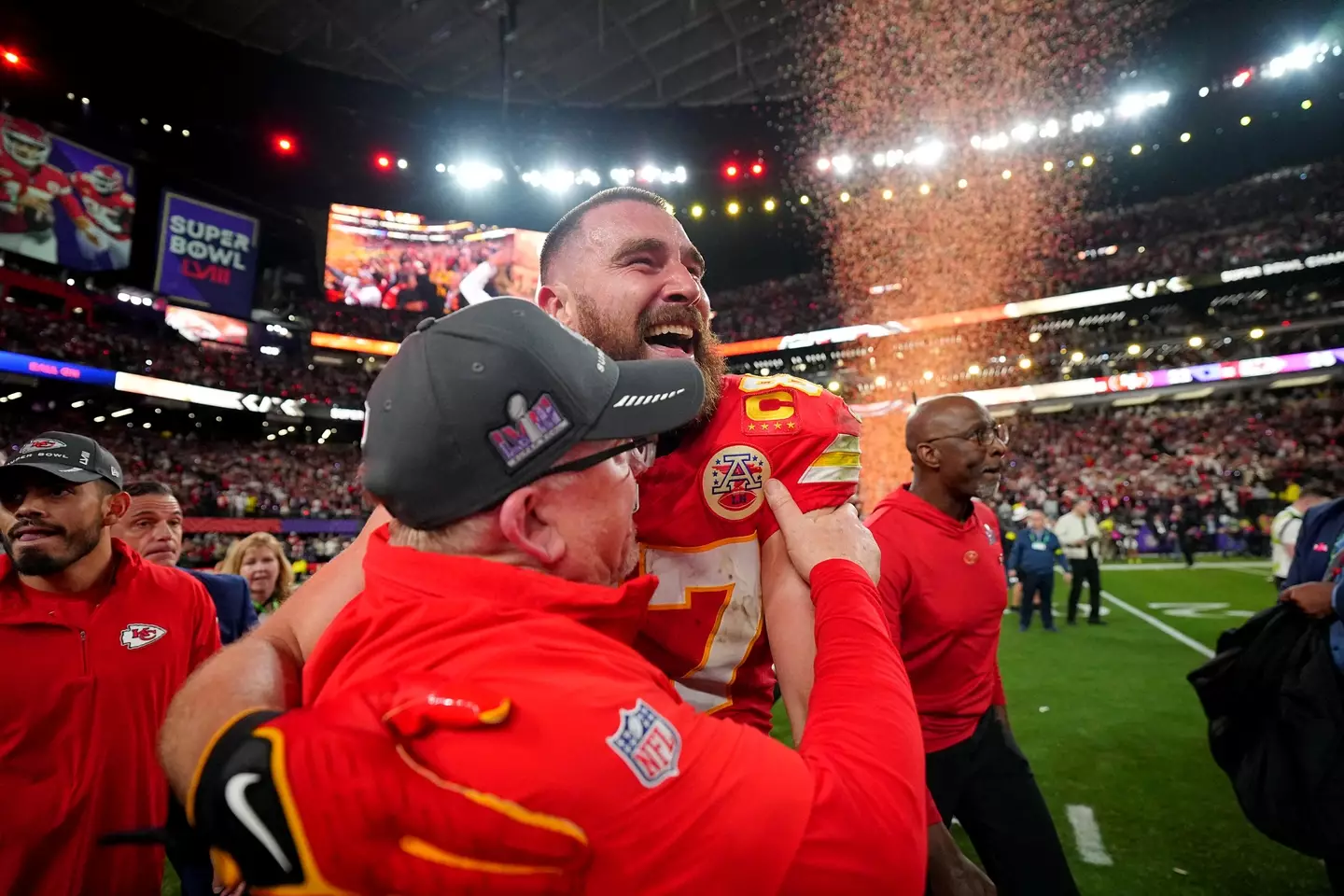 Kelce and Reid celebrate together after the match.