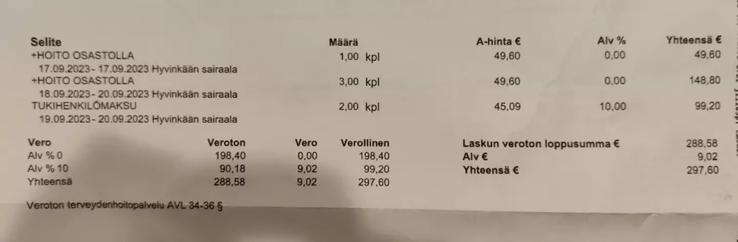 The Finnish Reddit user shared an image of the total hospital bill and its breakdown.