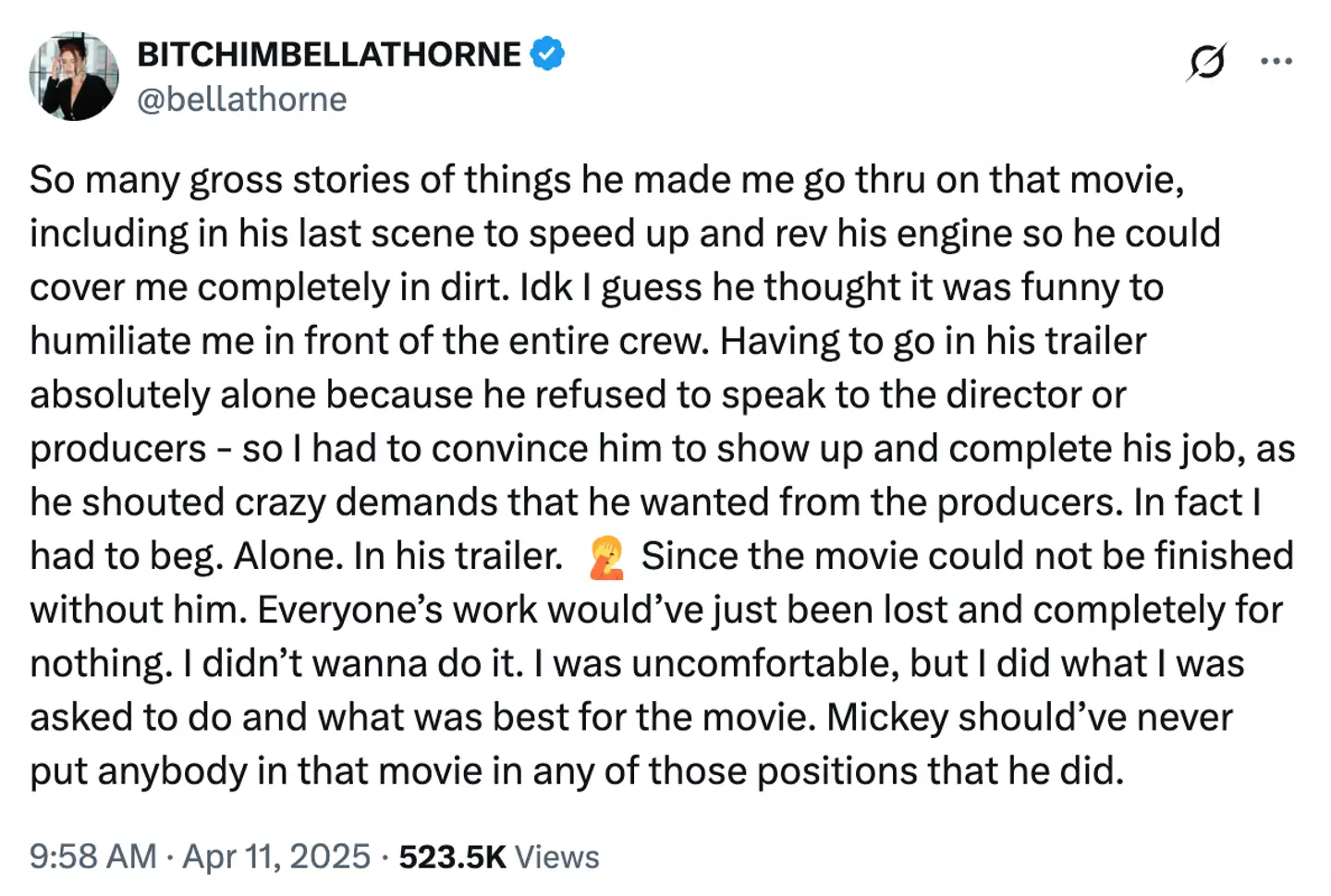 Bella Throne has spoken out on working with Mickey Rourke (@bellathorne/Twitter)