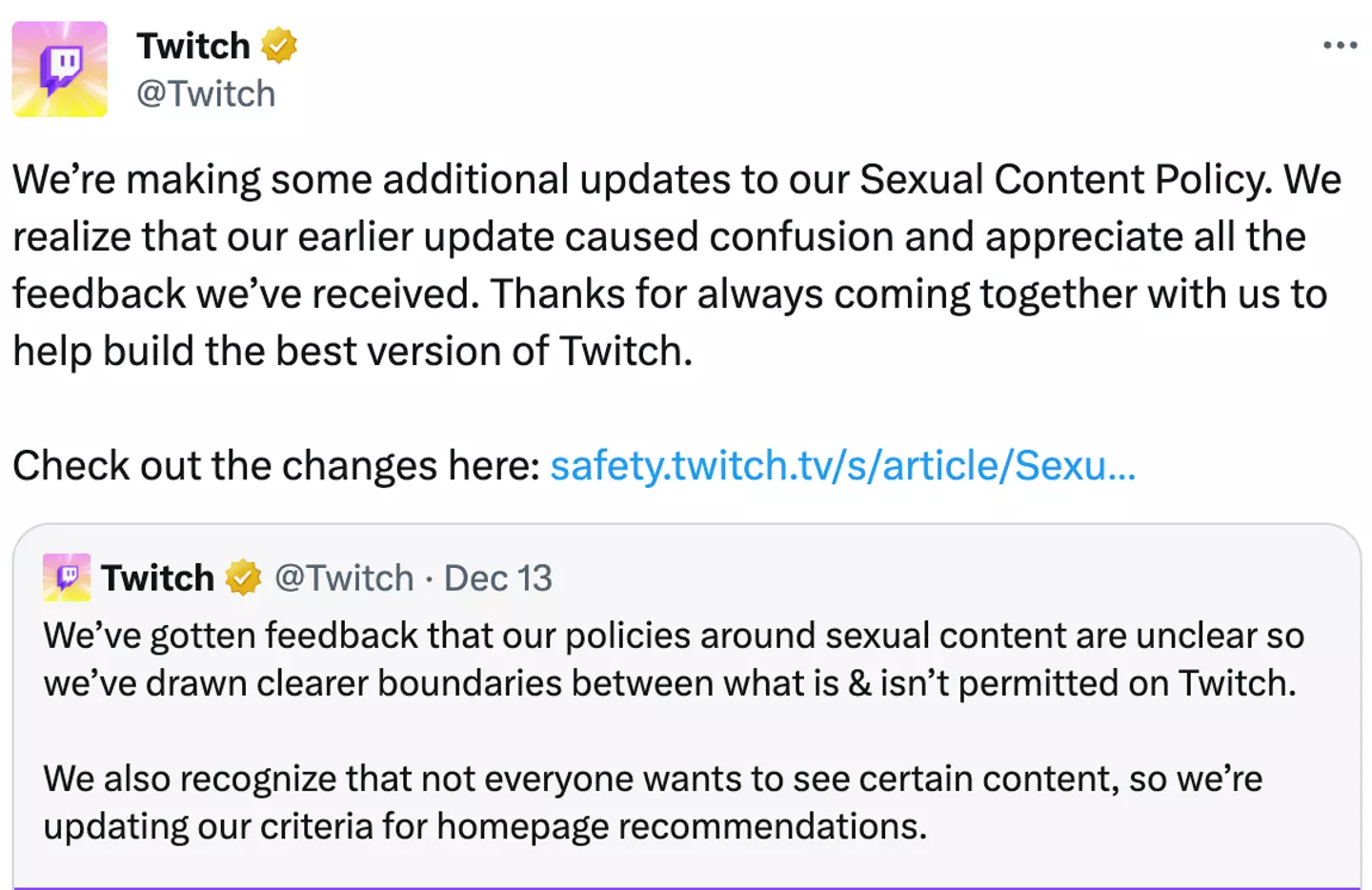 Twitch shared an update to roll back its policy.