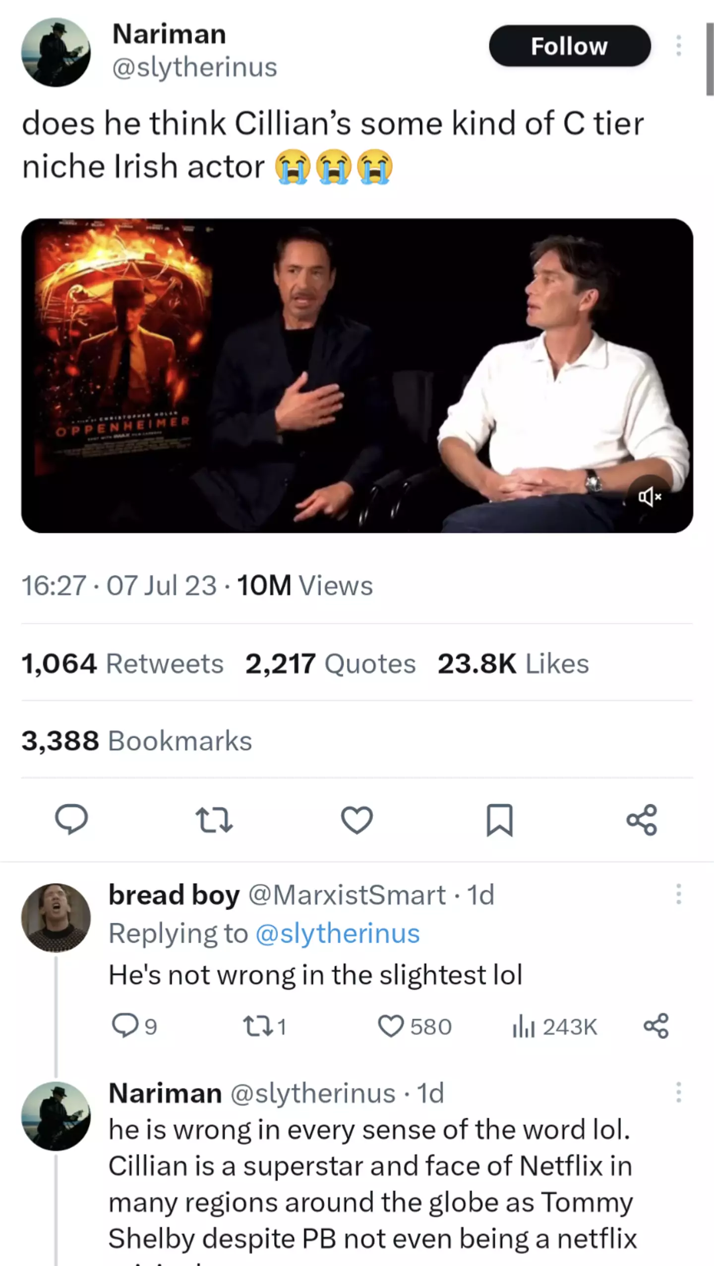 Murphy has been a long-time actor with six Nolan films to date.