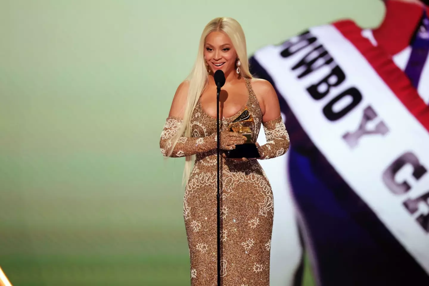 Bey accepting her Best Country Album Grammy Award earlier this evening (Kevin Winter/Getty Images for The Recording Academy)