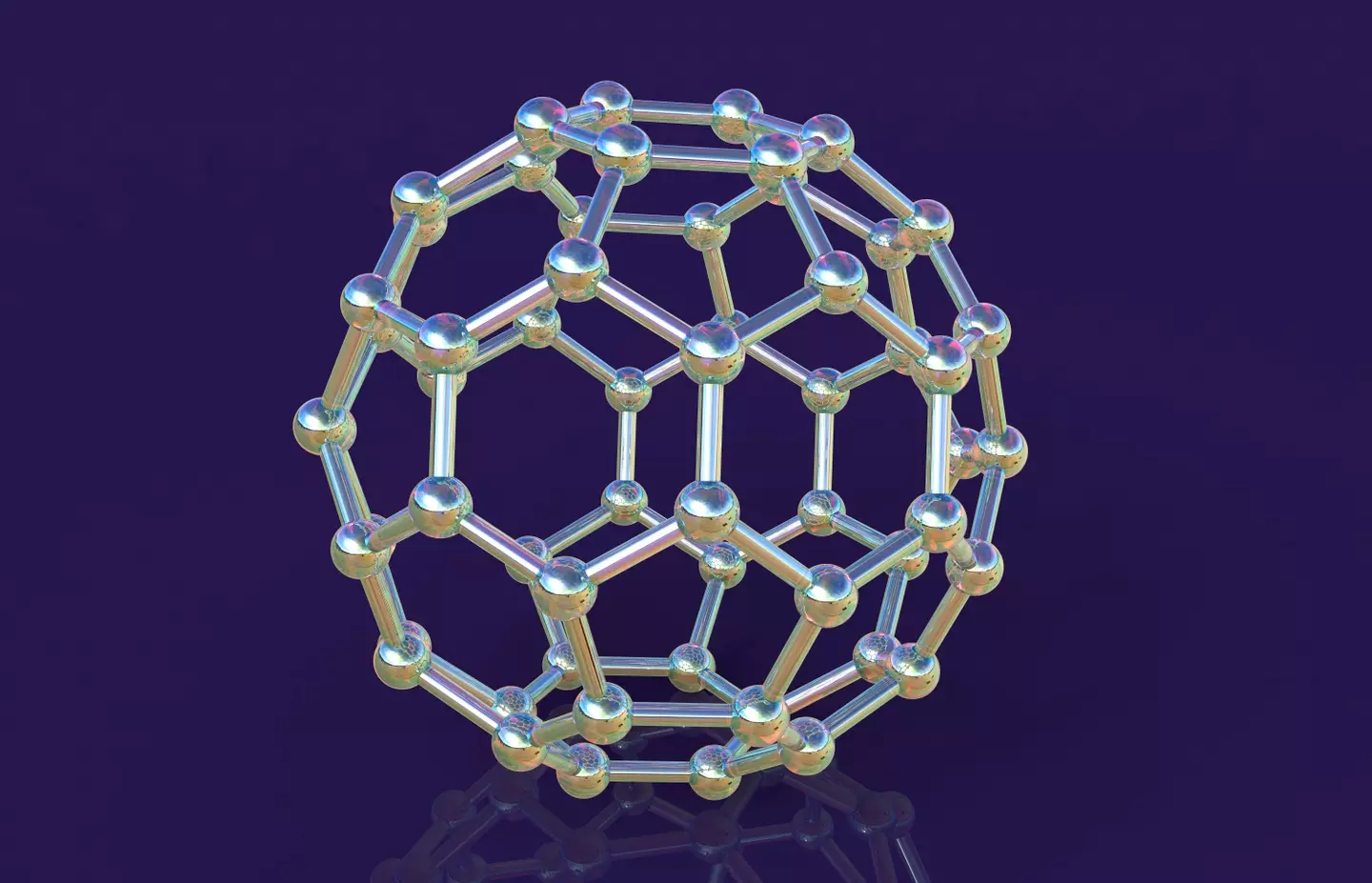 A illustration of a buckminsterfullerene atom, showing the distinctive 'cage' structure.
