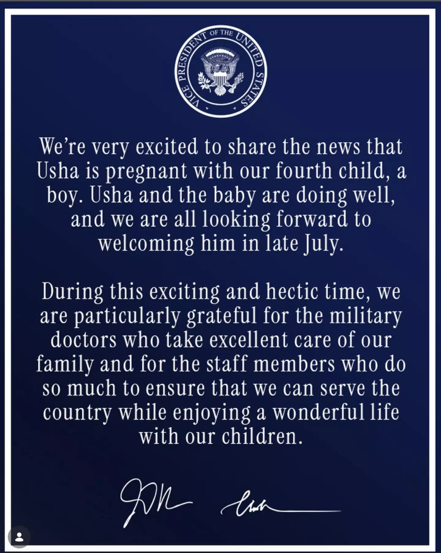 The couple shared the announcement on Instagram (@vp/instagram)
