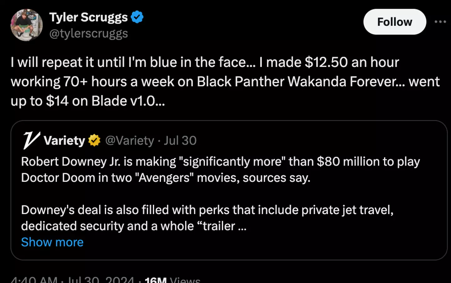 Tyler Scruggs said he was paid $12.50 an hour while working on Black Panther Wakanda Forever (X/ @tylerscruggs)