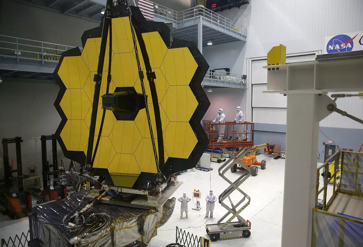 The James Webb Space Telescope while under construction in 2016, in 2021 it was launched into space.