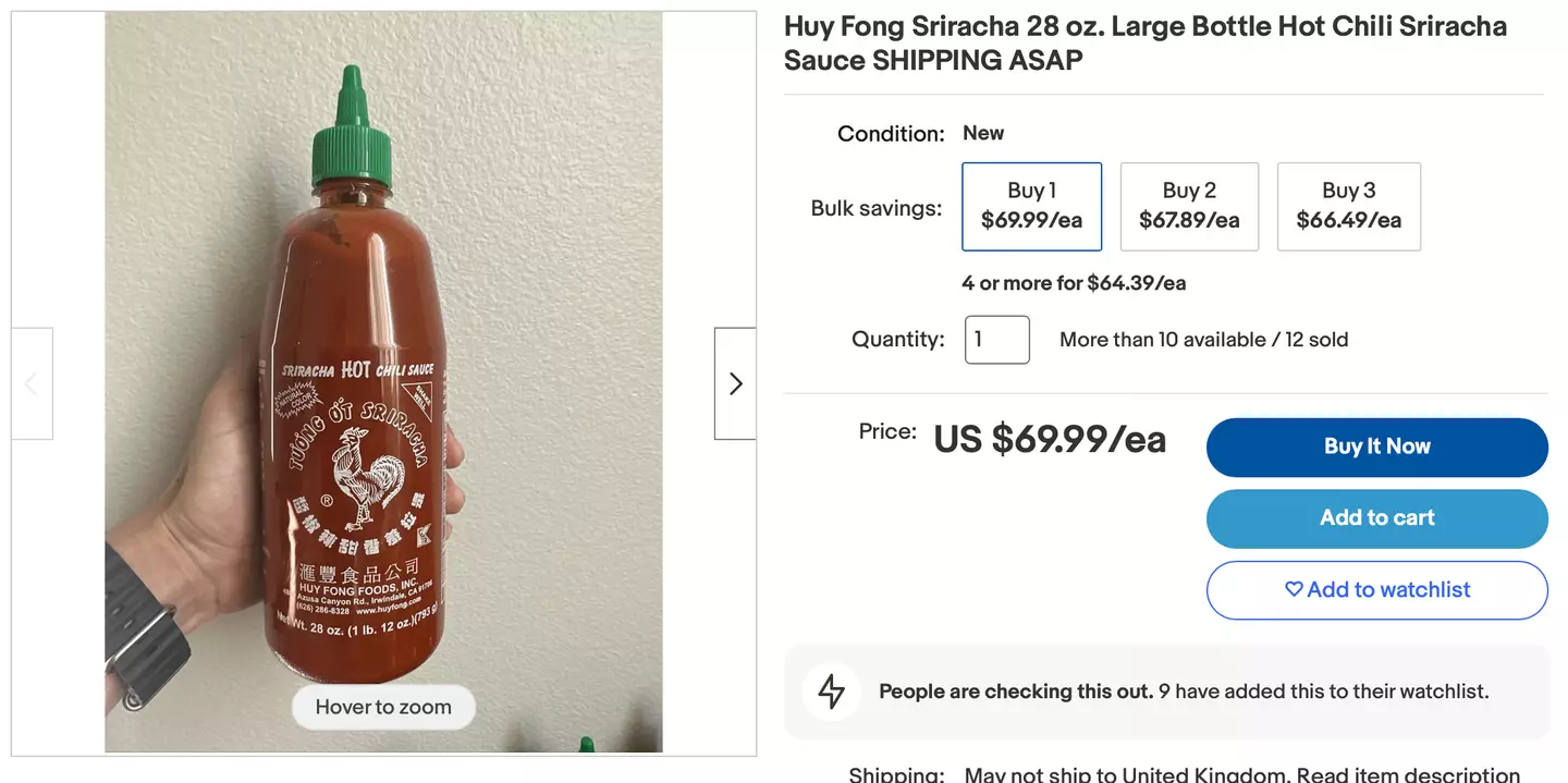 A bottle of sriracha sauce listed on eBay for $69.99.