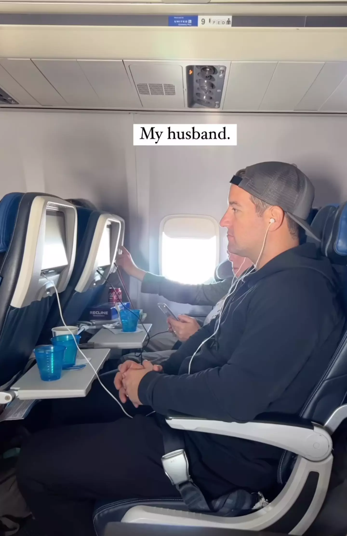 Maria showed a snapshot of her husband's more relaxing flight.