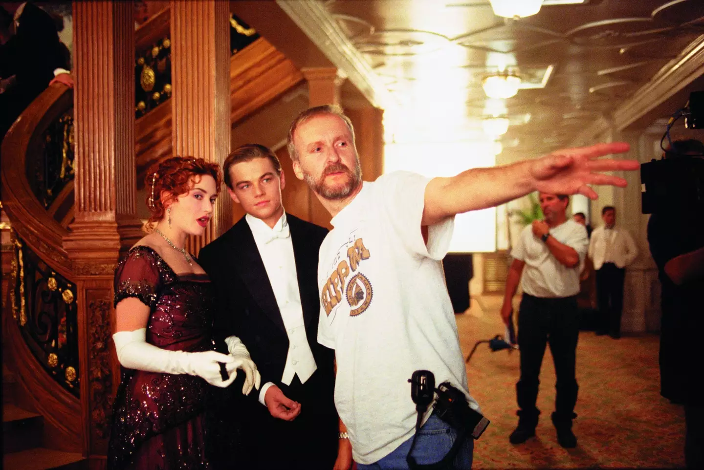 Leonardo Dicaprio, Kate Winslet, and director James Cameron on the set of Titanic.