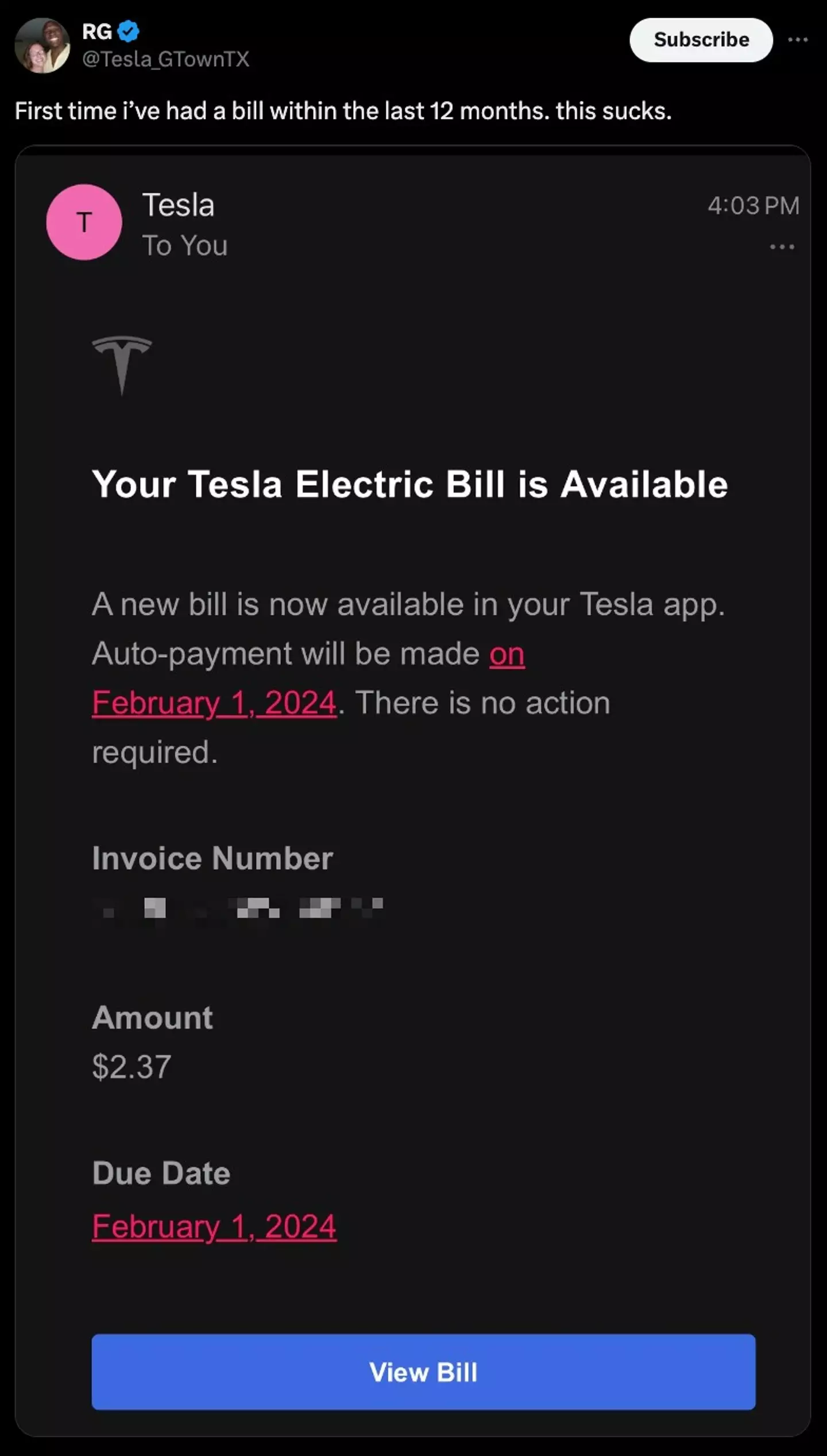 One Tesla driver shared their electricity bill (Twitter/@Tesla_GTownTX)